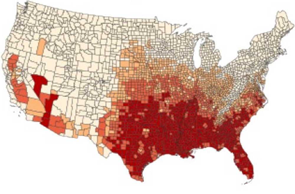 A map of the United States showing the number of cardiovascular deaths throughout the country.